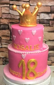 Zeichen) Geburtstagstorte Teenager: Zweistöckiges Pink-Gold Design mit Krone zum 18.