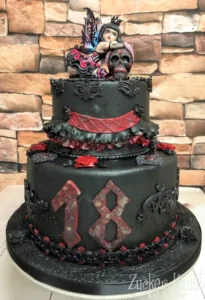 Geburtstagstorte Teenager: Gothic-Design mit schwarzem Fondant, Totenkopf und Fee zum 18.