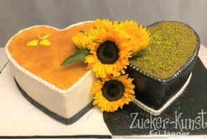 1222-Zweiteilige Hochzeitstorte mit Mango- und Pistazienfüllung und Blumen